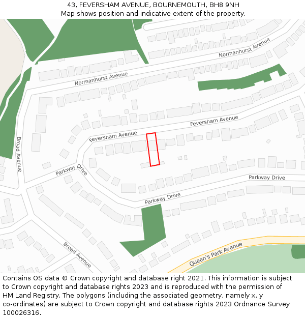 43, FEVERSHAM AVENUE, BOURNEMOUTH, BH8 9NH: Location map and indicative extent of plot