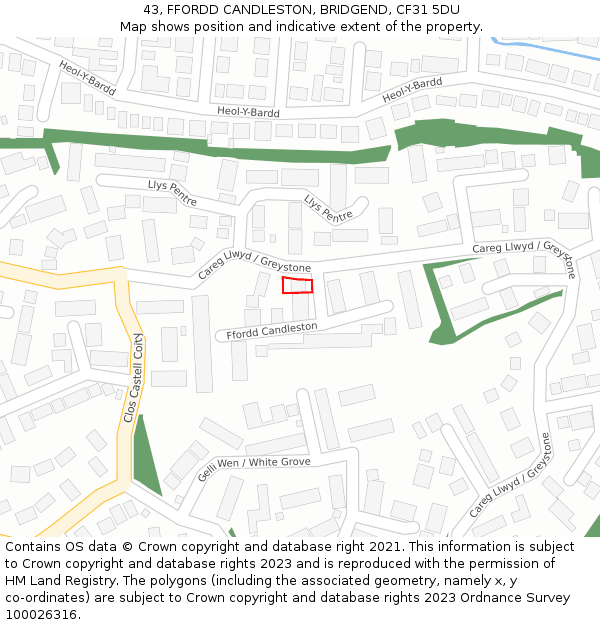 43, FFORDD CANDLESTON, BRIDGEND, CF31 5DU: Location map and indicative extent of plot