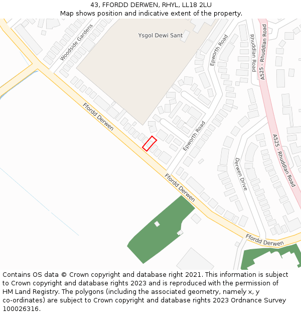 43, FFORDD DERWEN, RHYL, LL18 2LU: Location map and indicative extent of plot