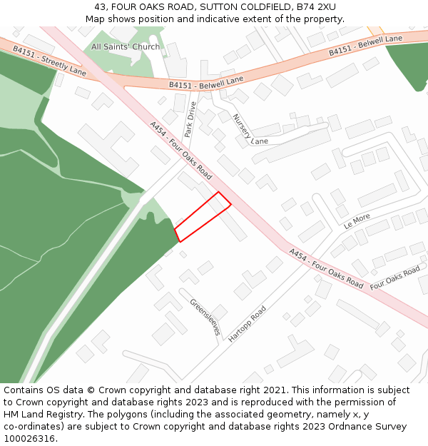 43, FOUR OAKS ROAD, SUTTON COLDFIELD, B74 2XU: Location map and indicative extent of plot