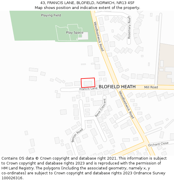 43, FRANCIS LANE, BLOFIELD, NORWICH, NR13 4SF: Location map and indicative extent of plot