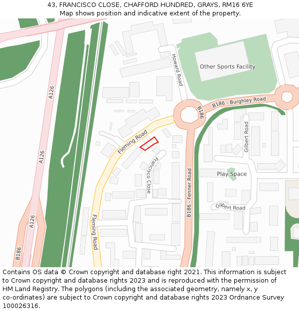 43, FRANCISCO CLOSE, CHAFFORD HUNDRED, GRAYS, RM16 6YE: Location map and indicative extent of plot
