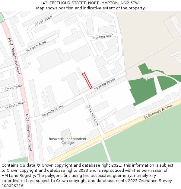 43, FREEHOLD STREET, NORTHAMPTON, NN2 6EW: Location map and indicative extent of plot
