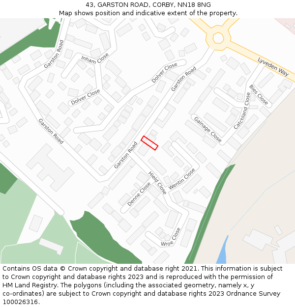 43, GARSTON ROAD, CORBY, NN18 8NG: Location map and indicative extent of plot