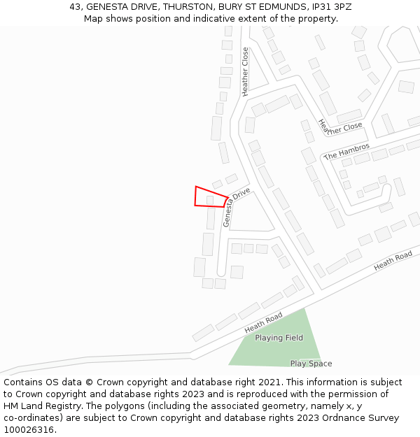 43, GENESTA DRIVE, THURSTON, BURY ST EDMUNDS, IP31 3PZ: Location map and indicative extent of plot