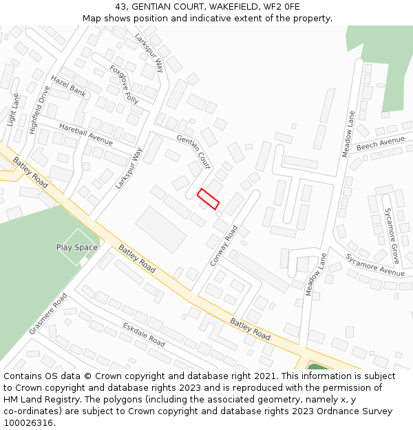 43, GENTIAN COURT, WAKEFIELD, WF2 0FE: Location map and indicative extent of plot