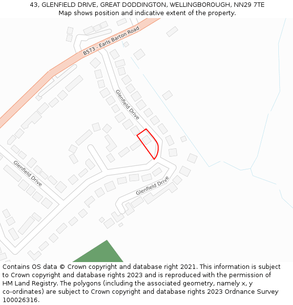 43, GLENFIELD DRIVE, GREAT DODDINGTON, WELLINGBOROUGH, NN29 7TE: Location map and indicative extent of plot