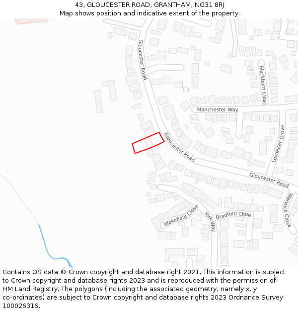 43, GLOUCESTER ROAD, GRANTHAM, NG31 8RJ: Location map and indicative extent of plot