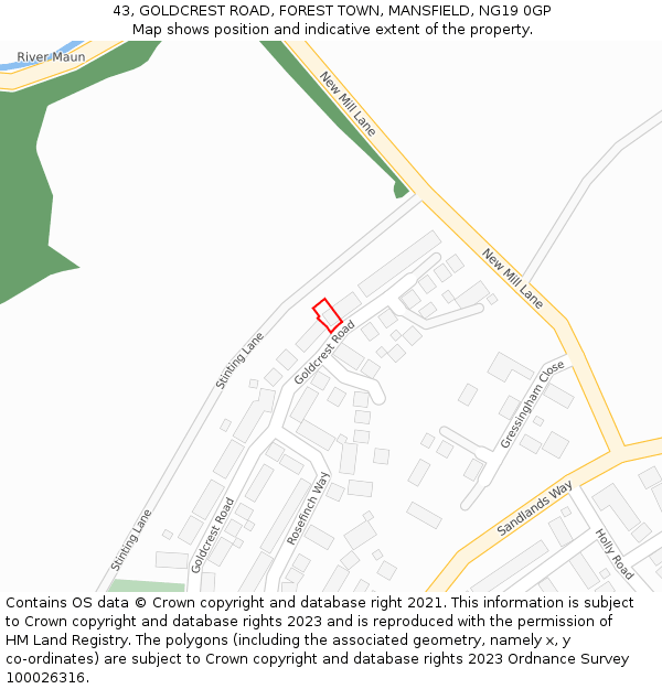 43, GOLDCREST ROAD, FOREST TOWN, MANSFIELD, NG19 0GP: Location map and indicative extent of plot
