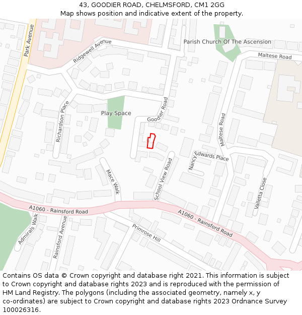 43, GOODIER ROAD, CHELMSFORD, CM1 2GG: Location map and indicative extent of plot