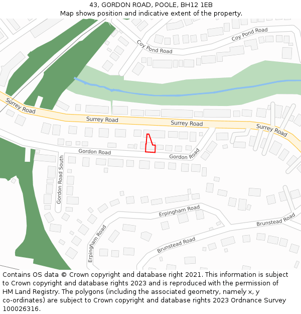 43, GORDON ROAD, POOLE, BH12 1EB: Location map and indicative extent of plot