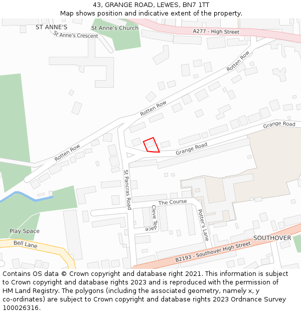 43, GRANGE ROAD, LEWES, BN7 1TT: Location map and indicative extent of plot