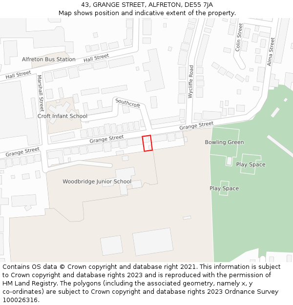 43, GRANGE STREET, ALFRETON, DE55 7JA: Location map and indicative extent of plot