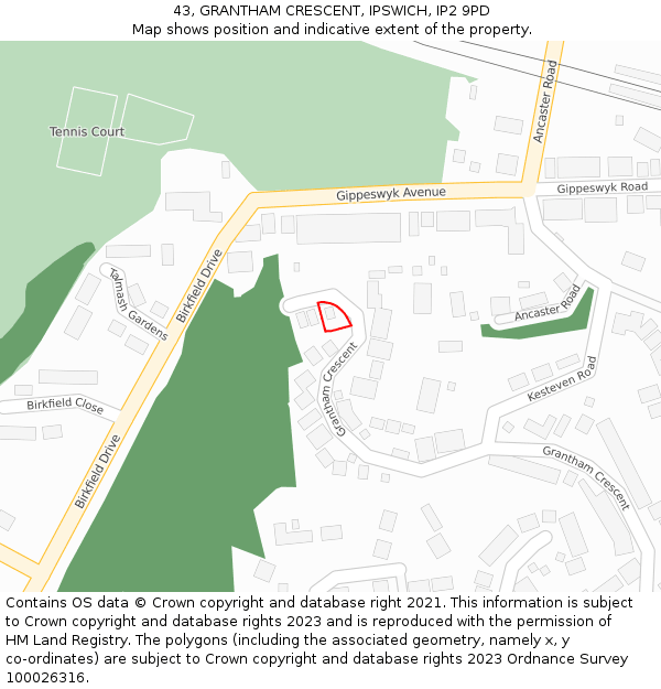 43, GRANTHAM CRESCENT, IPSWICH, IP2 9PD: Location map and indicative extent of plot
