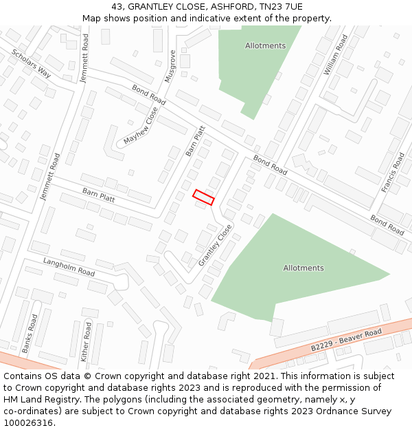 43, GRANTLEY CLOSE, ASHFORD, TN23 7UE: Location map and indicative extent of plot
