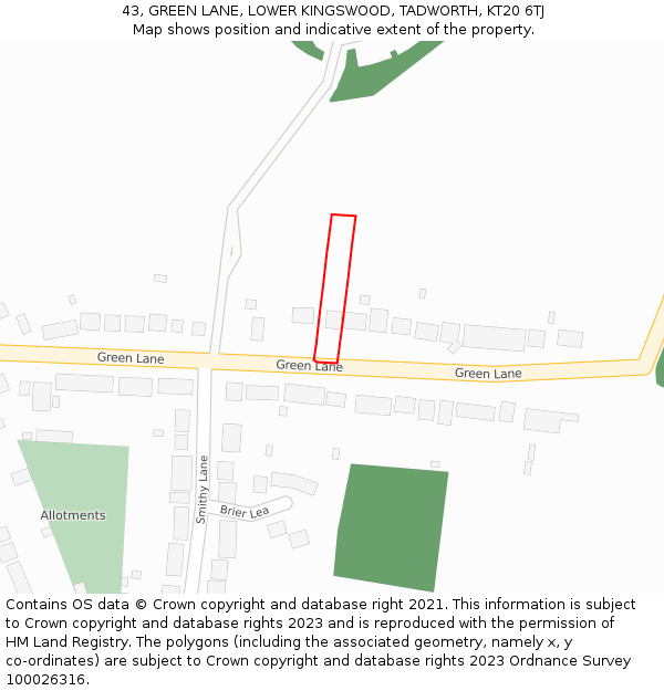 43, GREEN LANE, LOWER KINGSWOOD, TADWORTH, KT20 6TJ: Location map and indicative extent of plot