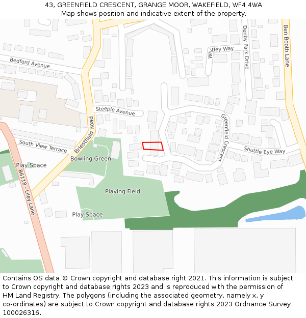 43, GREENFIELD CRESCENT, GRANGE MOOR, WAKEFIELD, WF4 4WA: Location map and indicative extent of plot