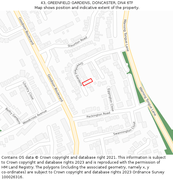 43, GREENFIELD GARDENS, DONCASTER, DN4 6TF: Location map and indicative extent of plot