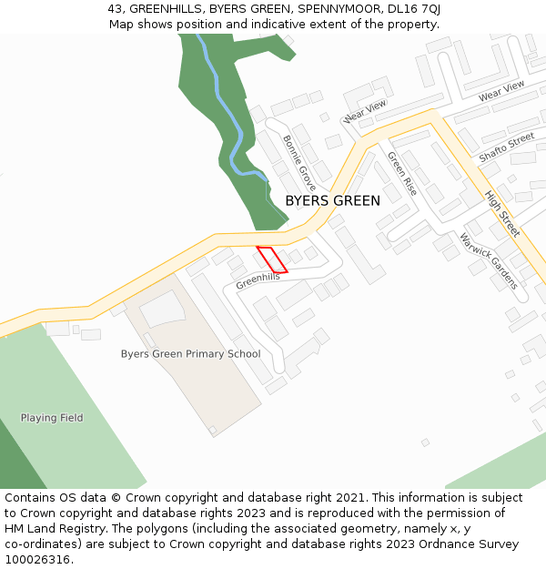 43, GREENHILLS, BYERS GREEN, SPENNYMOOR, DL16 7QJ: Location map and indicative extent of plot