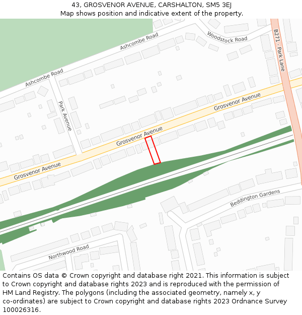 43, GROSVENOR AVENUE, CARSHALTON, SM5 3EJ: Location map and indicative extent of plot