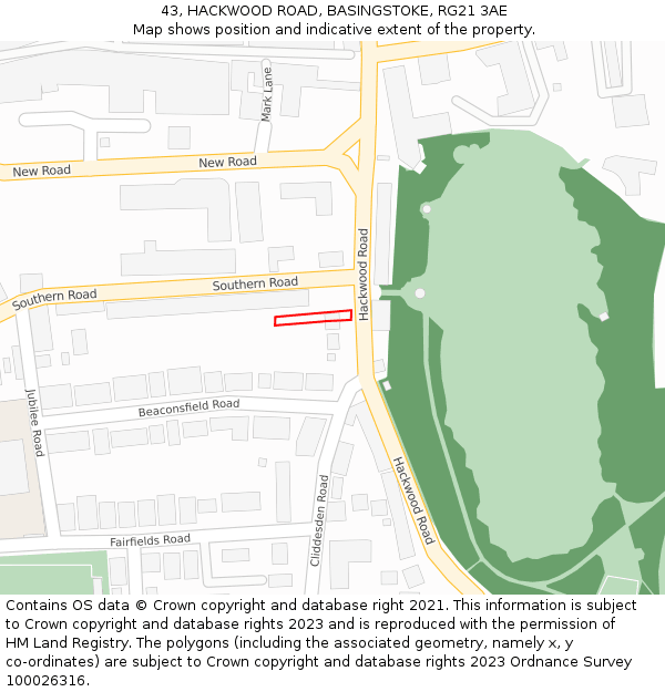 43, HACKWOOD ROAD, BASINGSTOKE, RG21 3AE: Location map and indicative extent of plot