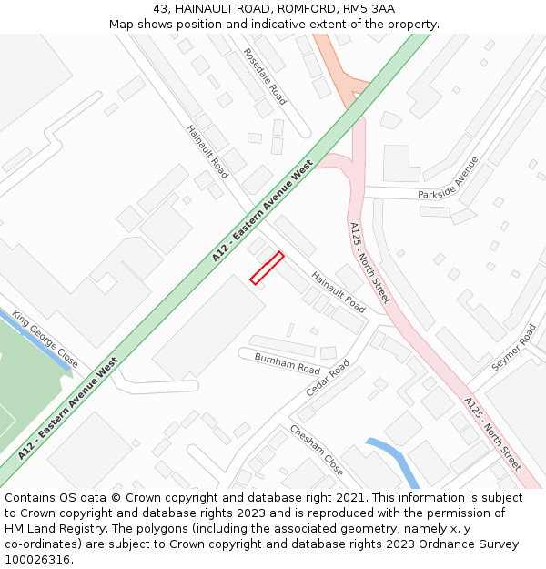 43, HAINAULT ROAD, ROMFORD, RM5 3AA: Location map and indicative extent of plot