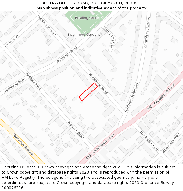 43, HAMBLEDON ROAD, BOURNEMOUTH, BH7 6PL: Location map and indicative extent of plot