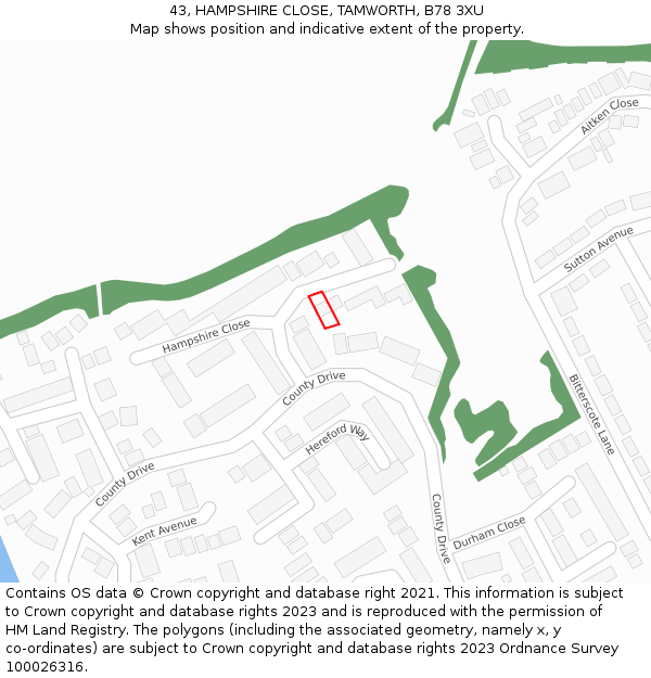 43, HAMPSHIRE CLOSE, TAMWORTH, B78 3XU: Location map and indicative extent of plot