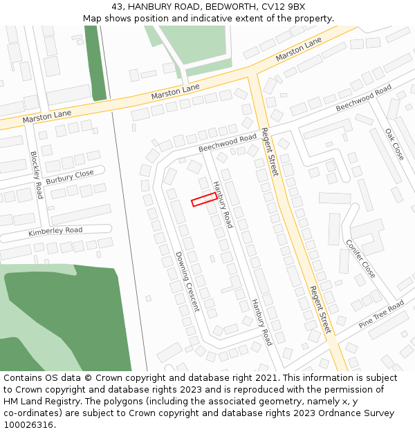 43, HANBURY ROAD, BEDWORTH, CV12 9BX: Location map and indicative extent of plot