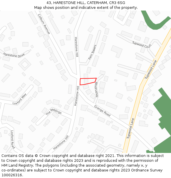 43, HARESTONE HILL, CATERHAM, CR3 6SG: Location map and indicative extent of plot