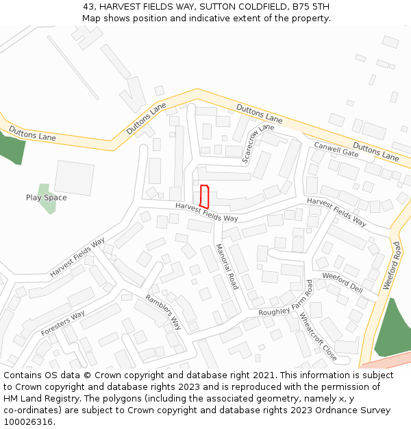 43, HARVEST FIELDS WAY, SUTTON COLDFIELD, B75 5TH: Location map and indicative extent of plot