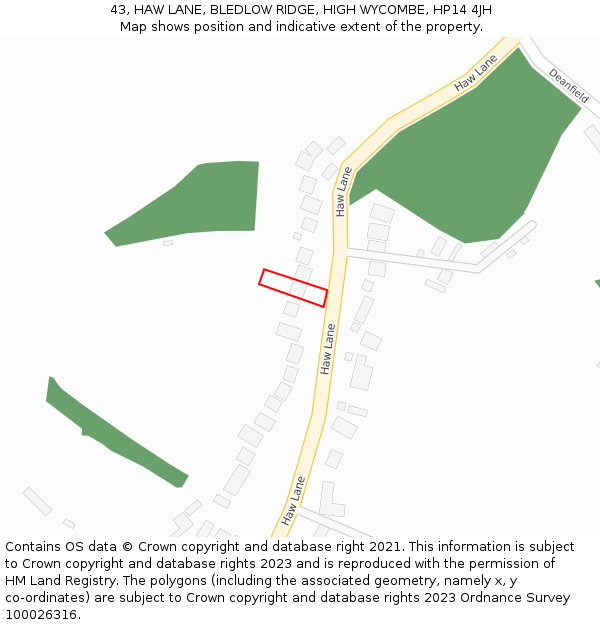 43, HAW LANE, BLEDLOW RIDGE, HIGH WYCOMBE, HP14 4JH: Location map and indicative extent of plot