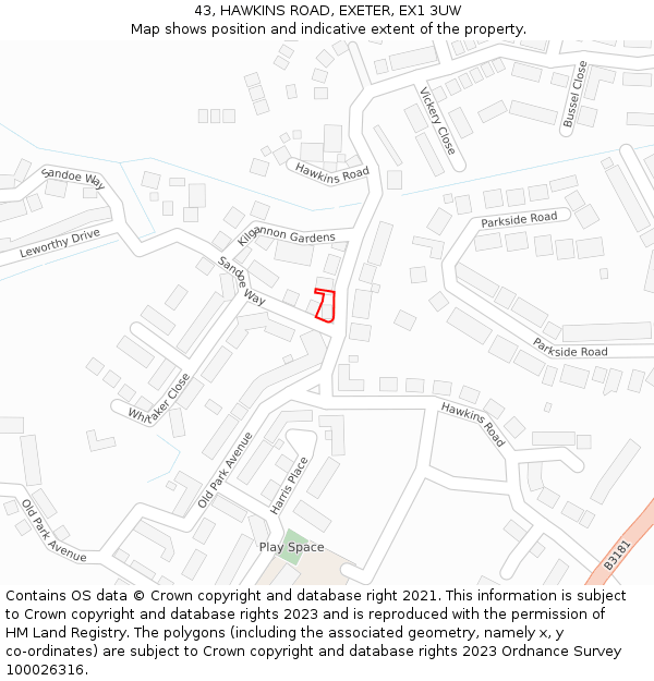 43, HAWKINS ROAD, EXETER, EX1 3UW: Location map and indicative extent of plot