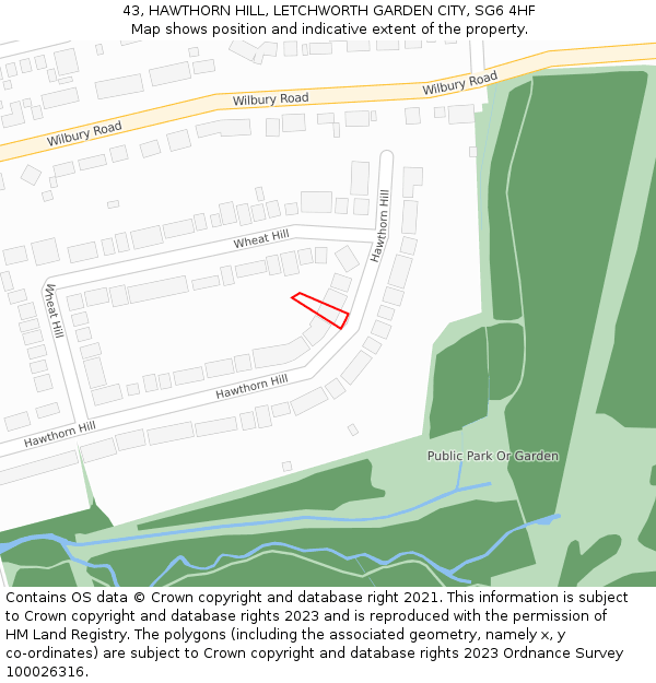 43, HAWTHORN HILL, LETCHWORTH GARDEN CITY, SG6 4HF: Location map and indicative extent of plot