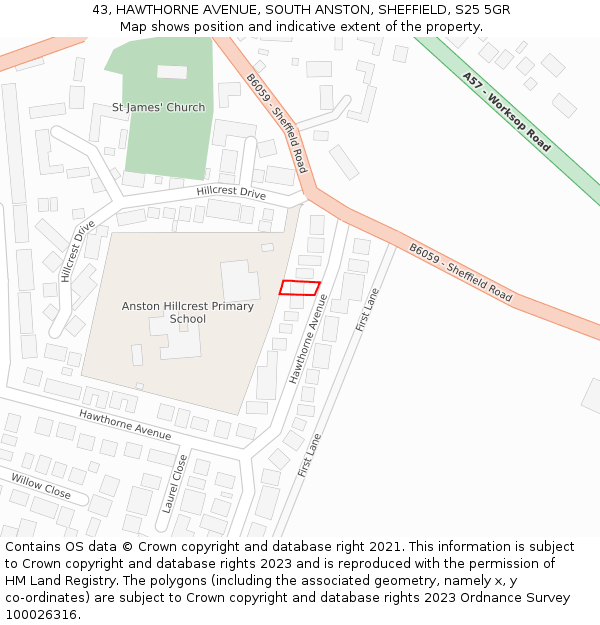 43, HAWTHORNE AVENUE, SOUTH ANSTON, SHEFFIELD, S25 5GR: Location map and indicative extent of plot
