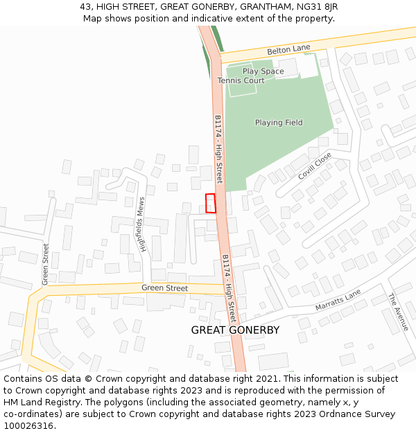 43, HIGH STREET, GREAT GONERBY, GRANTHAM, NG31 8JR: Location map and indicative extent of plot