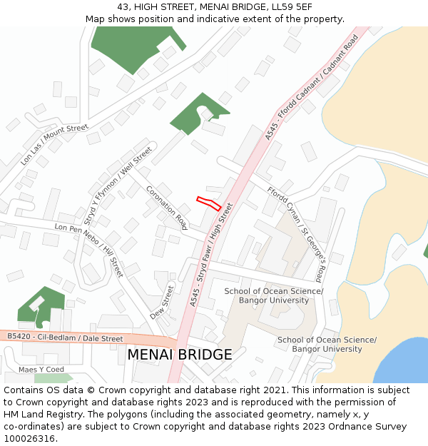 43, HIGH STREET, MENAI BRIDGE, LL59 5EF: Location map and indicative extent of plot