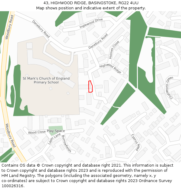 43, HIGHWOOD RIDGE, BASINGSTOKE, RG22 4UU: Location map and indicative extent of plot