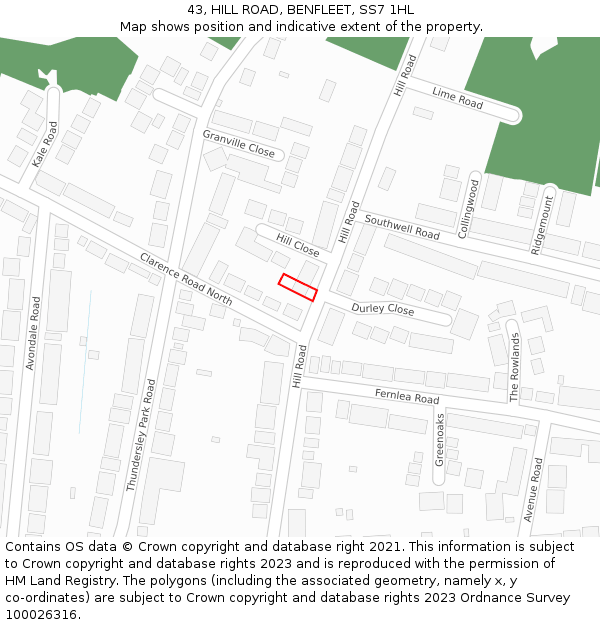 43, HILL ROAD, BENFLEET, SS7 1HL: Location map and indicative extent of plot