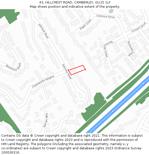 43, HILLCREST ROAD, CAMBERLEY, GU15 1LF: Location map and indicative extent of plot