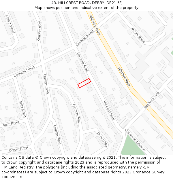 43, HILLCREST ROAD, DERBY, DE21 6FJ: Location map and indicative extent of plot