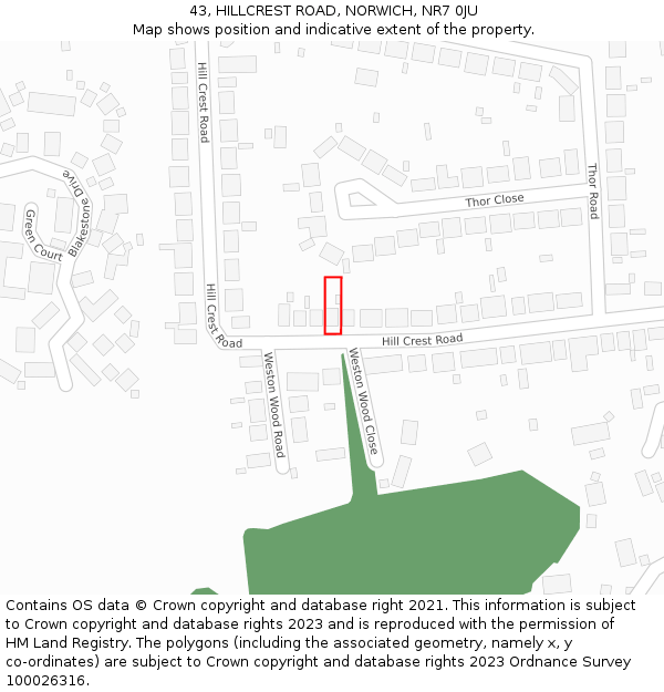 43, HILLCREST ROAD, NORWICH, NR7 0JU: Location map and indicative extent of plot