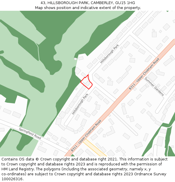 43, HILLSBOROUGH PARK, CAMBERLEY, GU15 1HG: Location map and indicative extent of plot