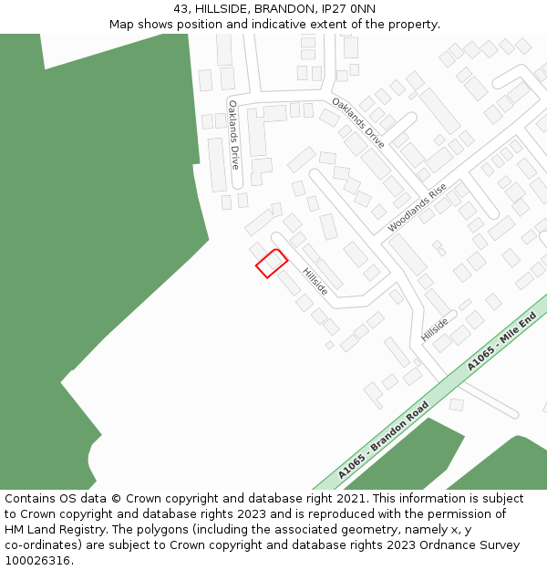 43, HILLSIDE, BRANDON, IP27 0NN: Location map and indicative extent of plot