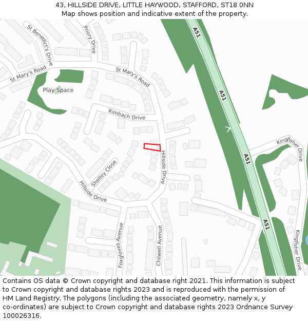 43, HILLSIDE DRIVE, LITTLE HAYWOOD, STAFFORD, ST18 0NN: Location map and indicative extent of plot