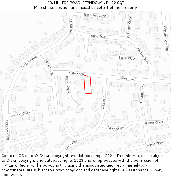 43, HILLTOP ROAD, FERNDOWN, BH22 9QT: Location map and indicative extent of plot