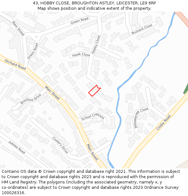 43, HOBBY CLOSE, BROUGHTON ASTLEY, LEICESTER, LE9 6RP: Location map and indicative extent of plot