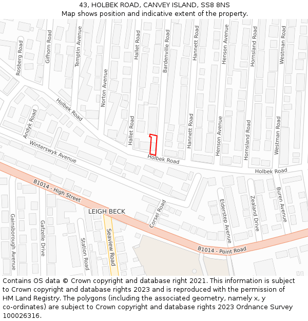 43, HOLBEK ROAD, CANVEY ISLAND, SS8 8NS: Location map and indicative extent of plot