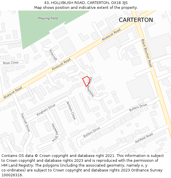 43, HOLLYBUSH ROAD, CARTERTON, OX18 3JS: Location map and indicative extent of plot