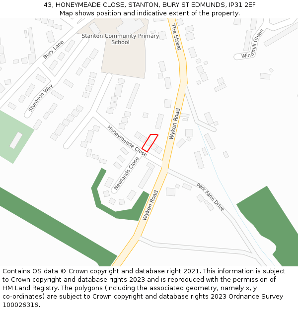 43, HONEYMEADE CLOSE, STANTON, BURY ST EDMUNDS, IP31 2EF: Location map and indicative extent of plot